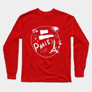 White drawing with a red heart. Stylish print on the theme of Paris. Long Sleeve T-Shirt